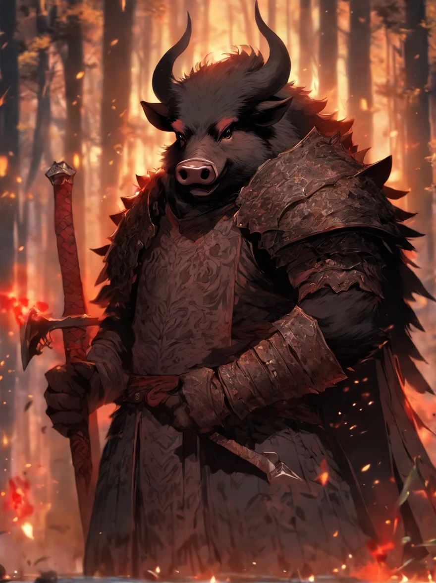 Black wild boar,Pig demon,Human pig's head,Burly,dressed in armor,A robe is worn over the armor,With a long axe in his hand,The expression is fierce,unholy,the night,the woods,full bodyesbian,Combat posture