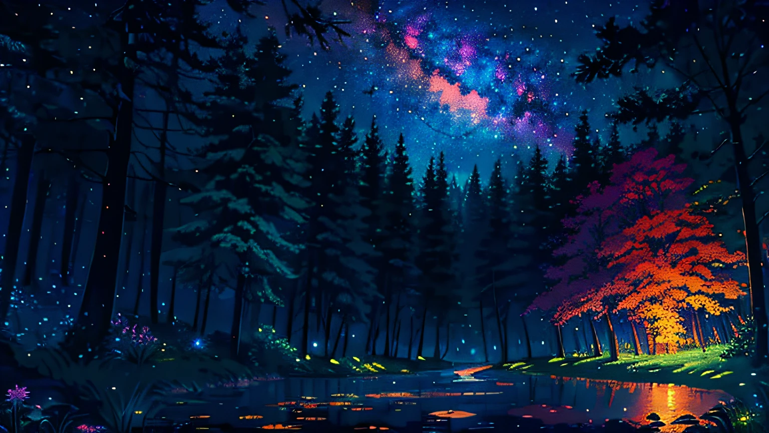 illustration, cartoon, soothing tones, calm colors, (anime), (illustration), cartoon, detailed, masterpiece, beautiful landscape, forest, pond, pathway,night, nebula, starry sky, 8k, best quality, dark shot, detailed