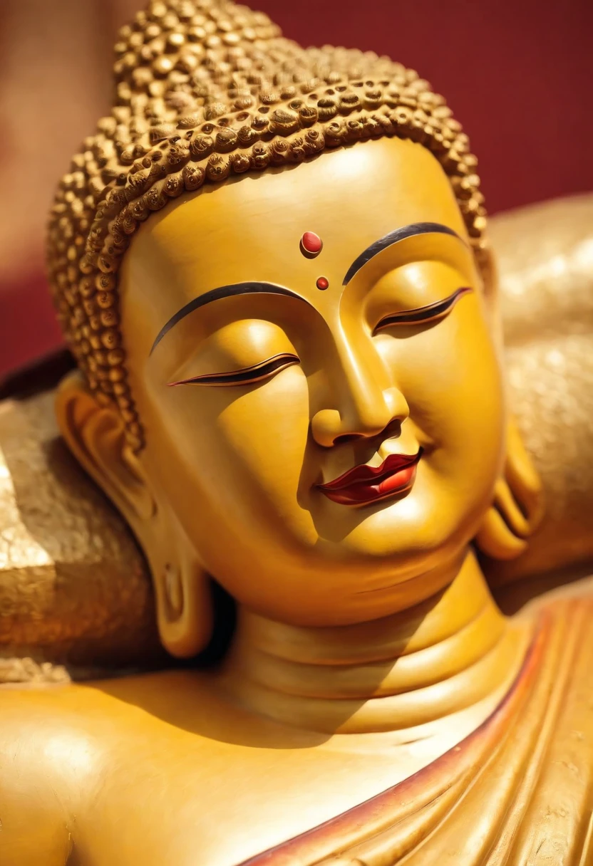 Magazine illustration,Portrait drawing,((A reclining Buddha of Maitreya:1.3)),Yellow skin,high-definition face,With a yellow robe,Close-up,k hd,Sony SLR lens,high definition detail,Soft lighting,Master masterpieces