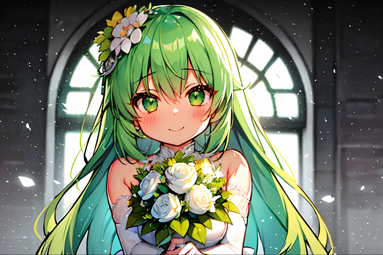 1 girl、独奏、pupils、beautiful countenance、Anime girl with green hair and green eyes、Glowing green eyes、slim, Diagonal angle、Oblique eyes、cute little、Pure White Wedding Dresses、Turning red in the face and rejoicing、A smile、Bouquet in hand、wedding hall、