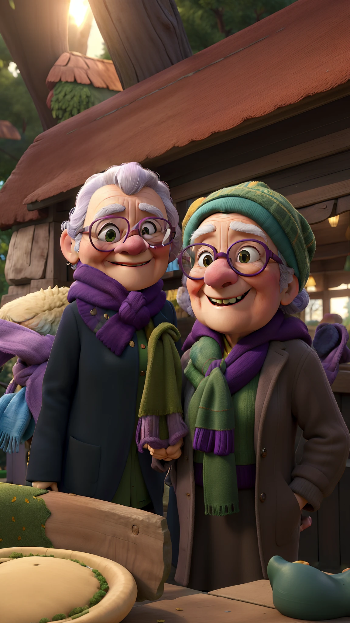masterpiece, best quality, an old woman with glasses and a scarf on, wearing a purple coat and green scarf, standing at the park