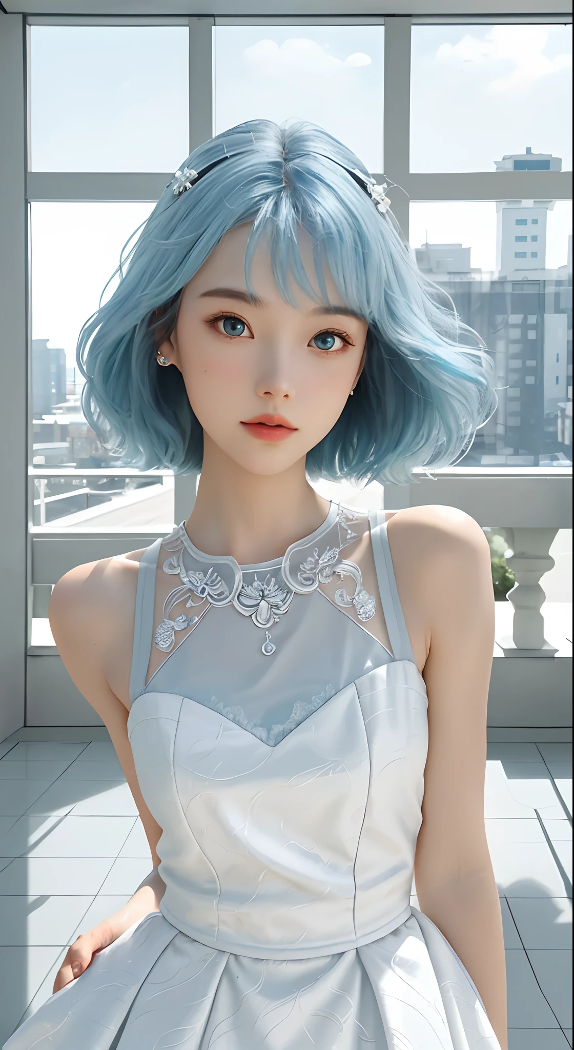 masutepiece, Superb Style, Summer dress, Colored Hair, Indoor, Hotel, Magazine Cover, Upper body, 1girl in, Delicate hair, Arm sculpture, Whole blue hair of dreams, Delicate shoes, Eye carving, Delicate hair, Clay texture, step on the ground, Black and white background, Natural light, Best Quality, Ultra Detail, 8K, , (Clear facial features)!!!! (Facial features are naturally rich, The character's hands have only two legs and five fingers)