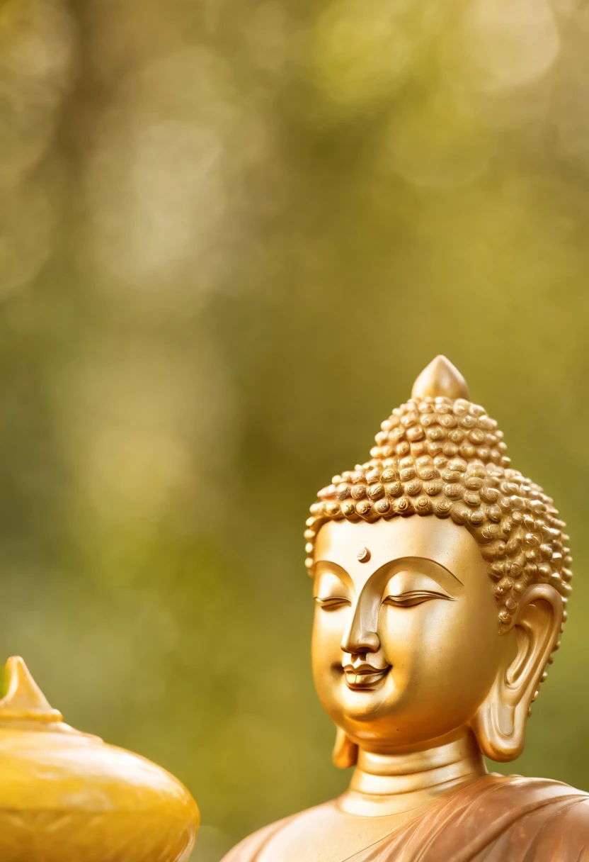 Plain cloth green clouds,Magazine illustration,Portrait drawing,((A Maitreya Buddha:1.3)),Yellow skin,HD facial smile,Golden Buddha beads around the neck,With a golden robe,Close-up,k hd,Sony SLR lens,high definition detail,Soft lighting,Master masterpieces