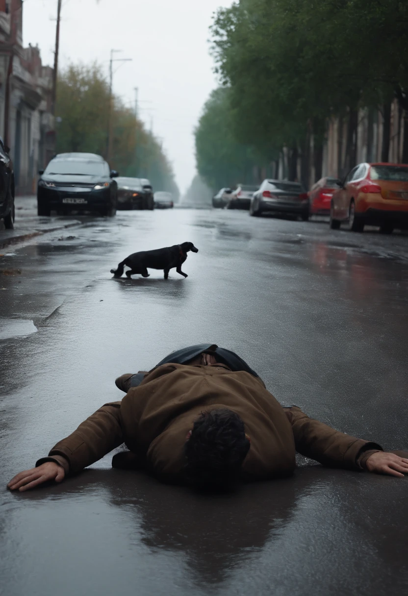 A man fallen to the ground, ((cinema style, 4K)), realistic, with dirty clothes, next to him his faithful dog, wet and unhealthy streets, gray sky