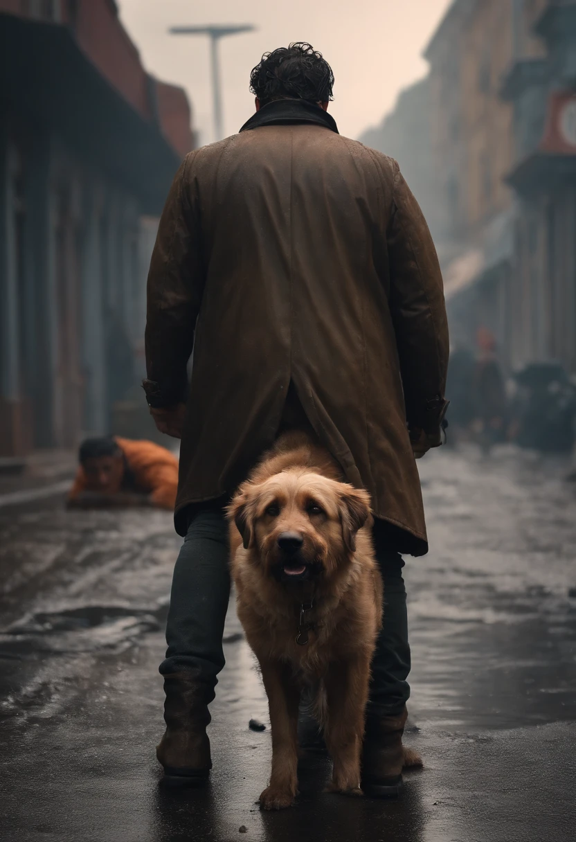 A man fallen to the ground, ((cinema style, 4K)), realistic, with dirty clothes, next to him his faithful dog, wet and unhealthy streets, gray sky