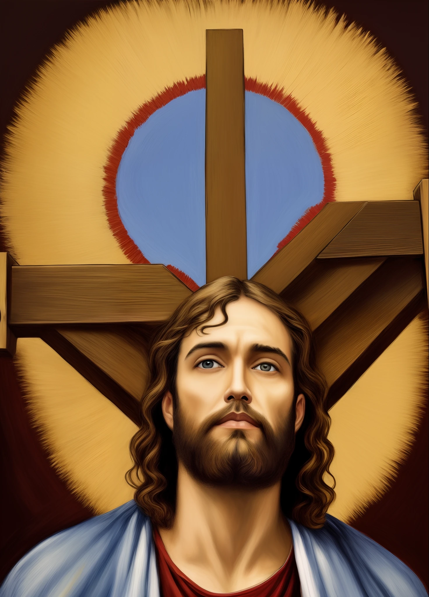 In this painting, the scene of Jesus' crucifixion is depicted with remarkable detail and depth. The central figure is that of Jesus Christ, nailed to a wooden cross, with To red The apostle John, known as the Beloved Disciple, stands next to Mary, looking up toward Jesus with a mournful expression. Other records The scenery around the cross is desolate and impressive. Océ The painting technique is highly Overall, this painting represents the crucifixion of Jesus --auto --s2