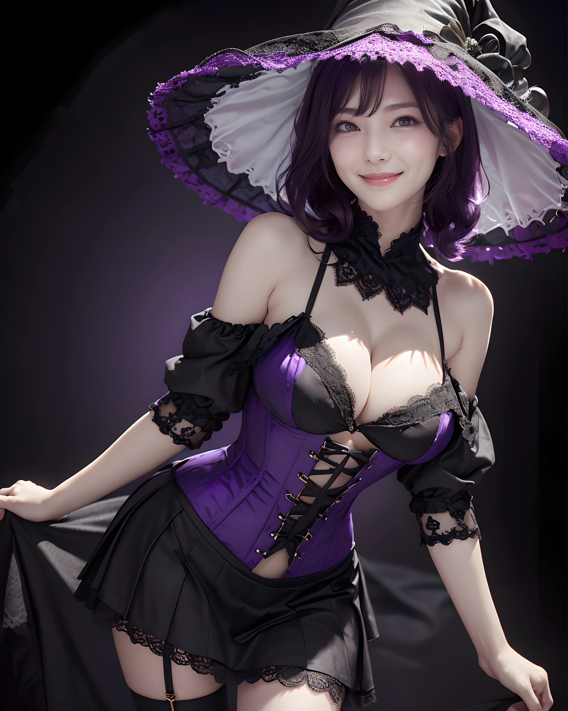 (simple black background:1.5), (Halloween theme:1.3), upper body portrait of a very busty beautiful woman wearing overbust lace corset, ultra detailed embroidery full lacy corset, frilled lacy short skirt:1.3, detailed clothes, (full lacy purple witch hat:1.3), BREAK, (;D1.3, happy evil smile:1.2)), perfect face,perfect eyes,HD details,high details,sharp focus,studio photo,HD makeup,shimmery makeup,celebrity makeup, (bust up image:1.5), ((centered image)) (HD render)Studio portrait,magic, magical, fantasy,(huge breasts)(large breasts),(big breasts),(sagging breasts), wavy curly hair:1.3, (purple hair:1.3), (front view:1.3), from below, low angle,
