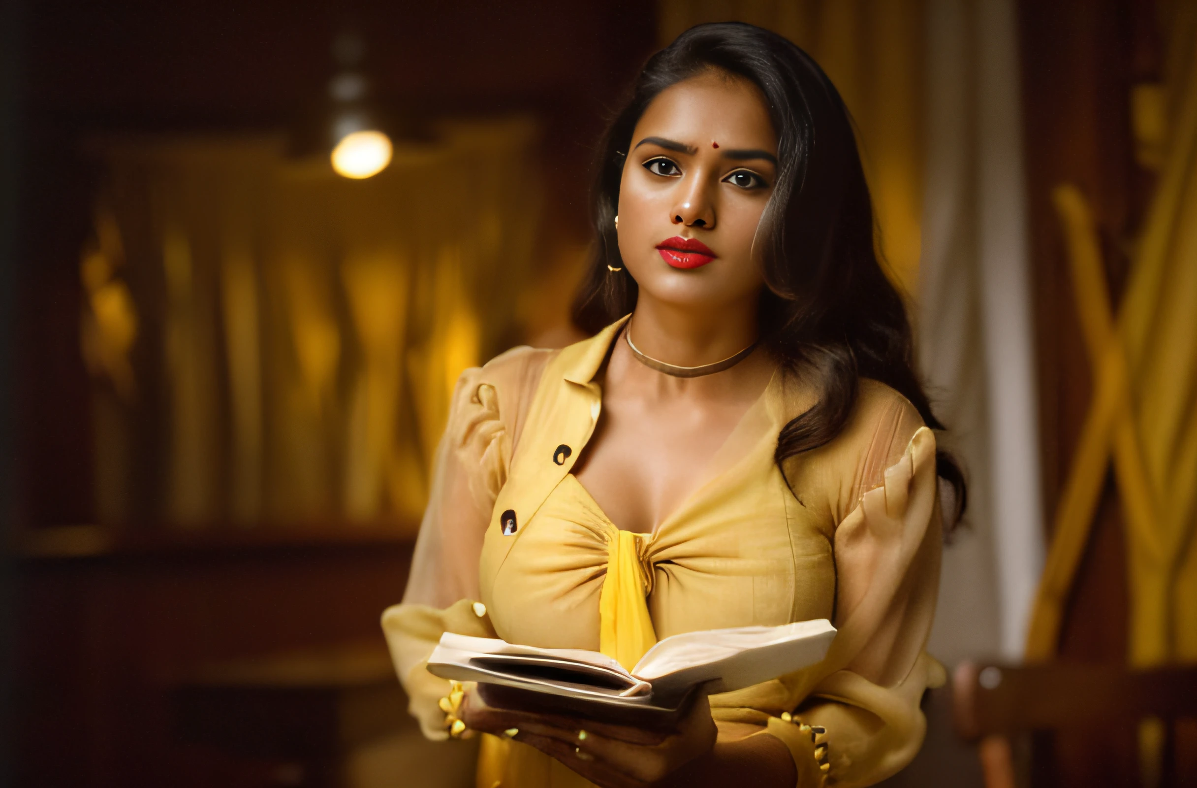 (((editorial photograph of a young Indian woman big breast, big natural dark red lips))), karla ortiz, (highly detailed face:1.4) (backround natural park , moody, private study:1.3) POV, by lee jeffries, nikon d850, film stock photograph ,4 kodak portra 400 ,camera f1.6 lens ,rich colors ,hyper realistic ,lifelike texture, dramatic lighting , cinestill 800, realistic, wearing yellow dobby weave self design fit & flare dress Sweetheart neck Short, puff sleeve Tie-up detail on back Above knee length in flounce hem Attached Lining Chiffon fabric, actress, karla ortiz, posing!!, candid picture, by Max Dauthendey,