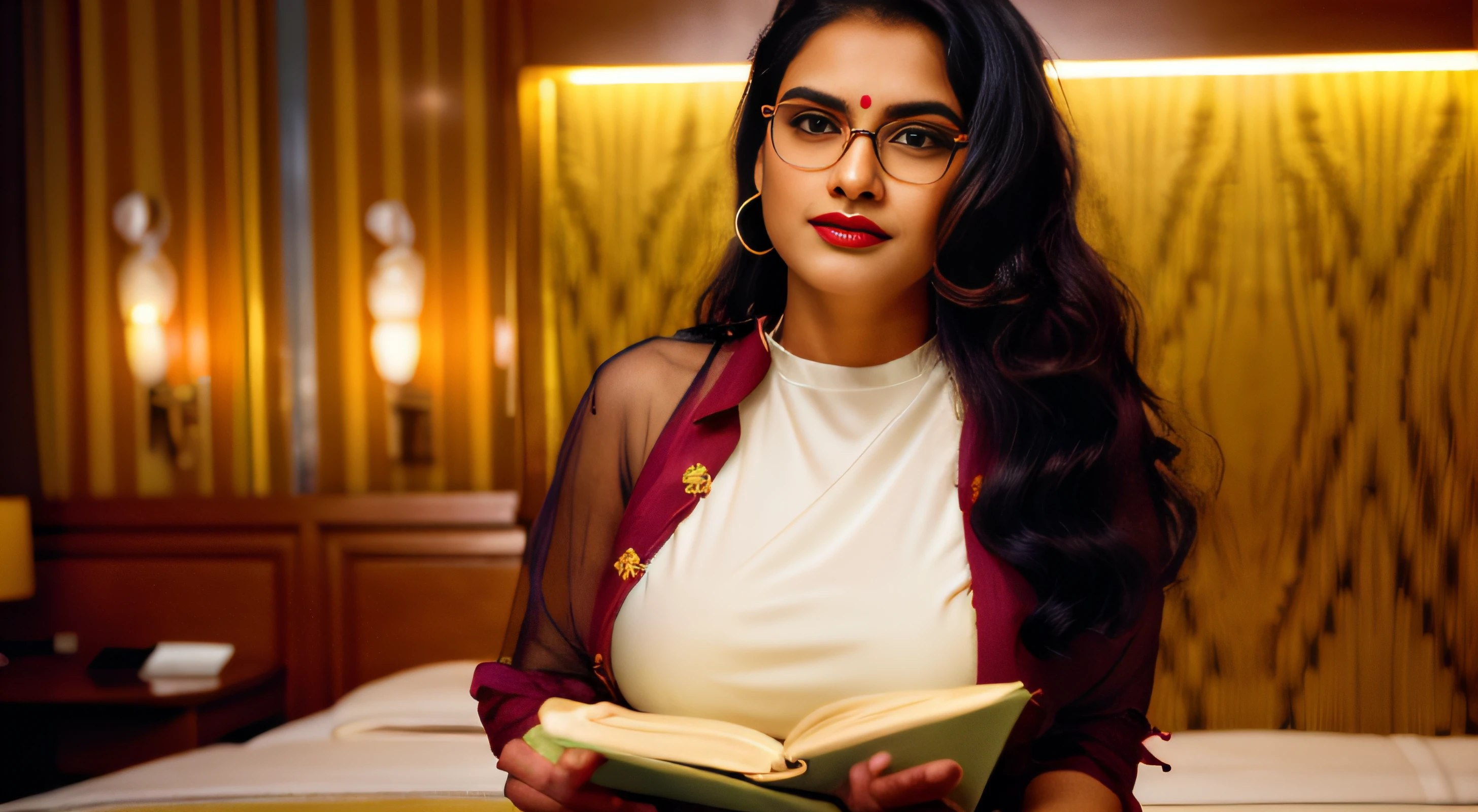 (((editorial photograph of a young Indian woman big breast, big natural dark red lips))), karla ortiz, (highly detailed face:1.4) (backround 5 star hotel , moody, private study:1.3) POV, by lee jeffries, nikon d850, film stock photograph ,4 kodak portra 400 ,camera f1.6 lens ,rich colors ,hyper realistic ,lifelike texture, dramatic lighting , cinestill 800, realistic, wearing yellow dobby weave self design fit & flare dress Sweetheart neck Short, puff sleeve Tie-up detail on back Above knee length in flounce hem Attached Lining Chiffon fabric, actress, karla ortiz, posing!!, candid picture, by Max Dauthendey,