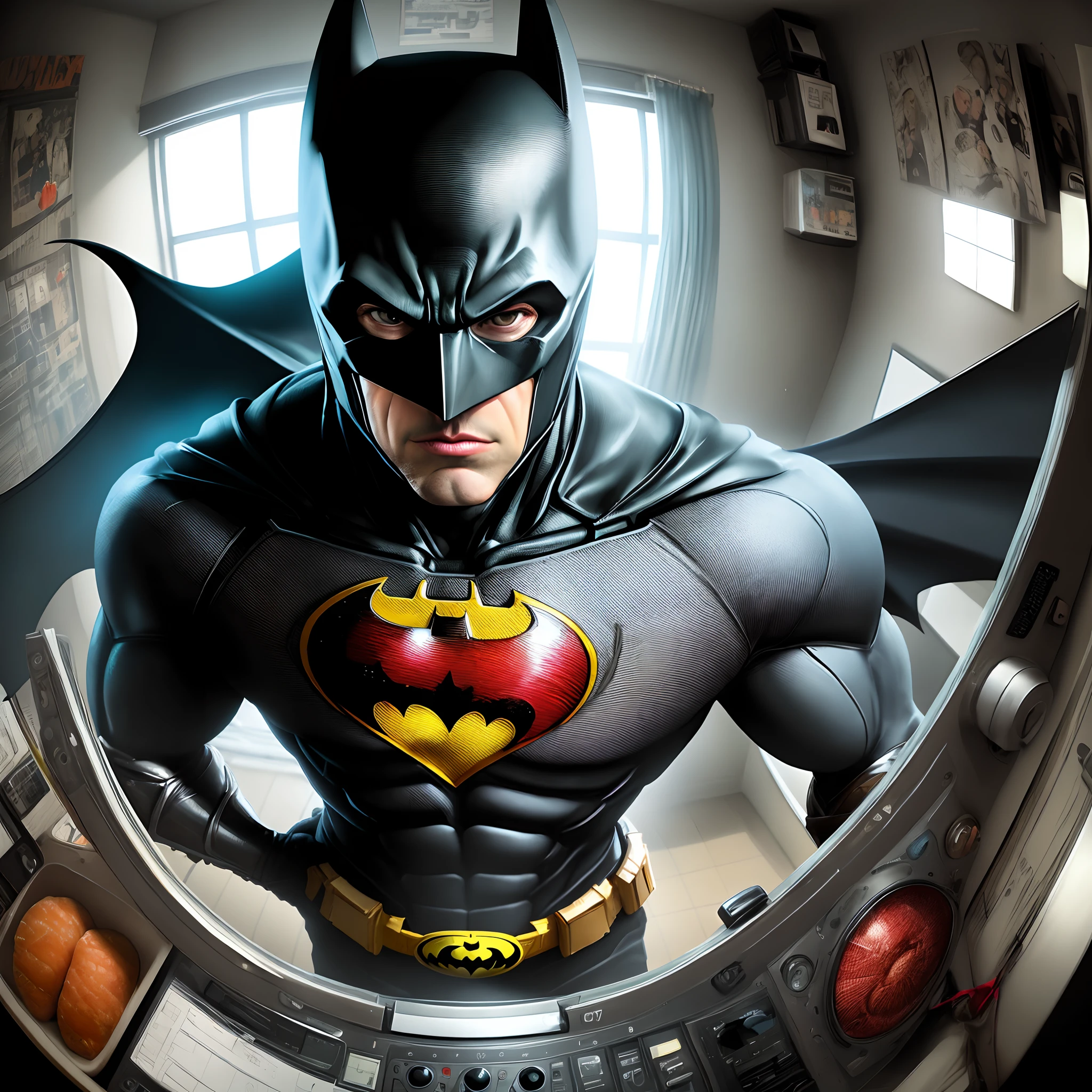 Batman in a elevetor with a fisheye filter