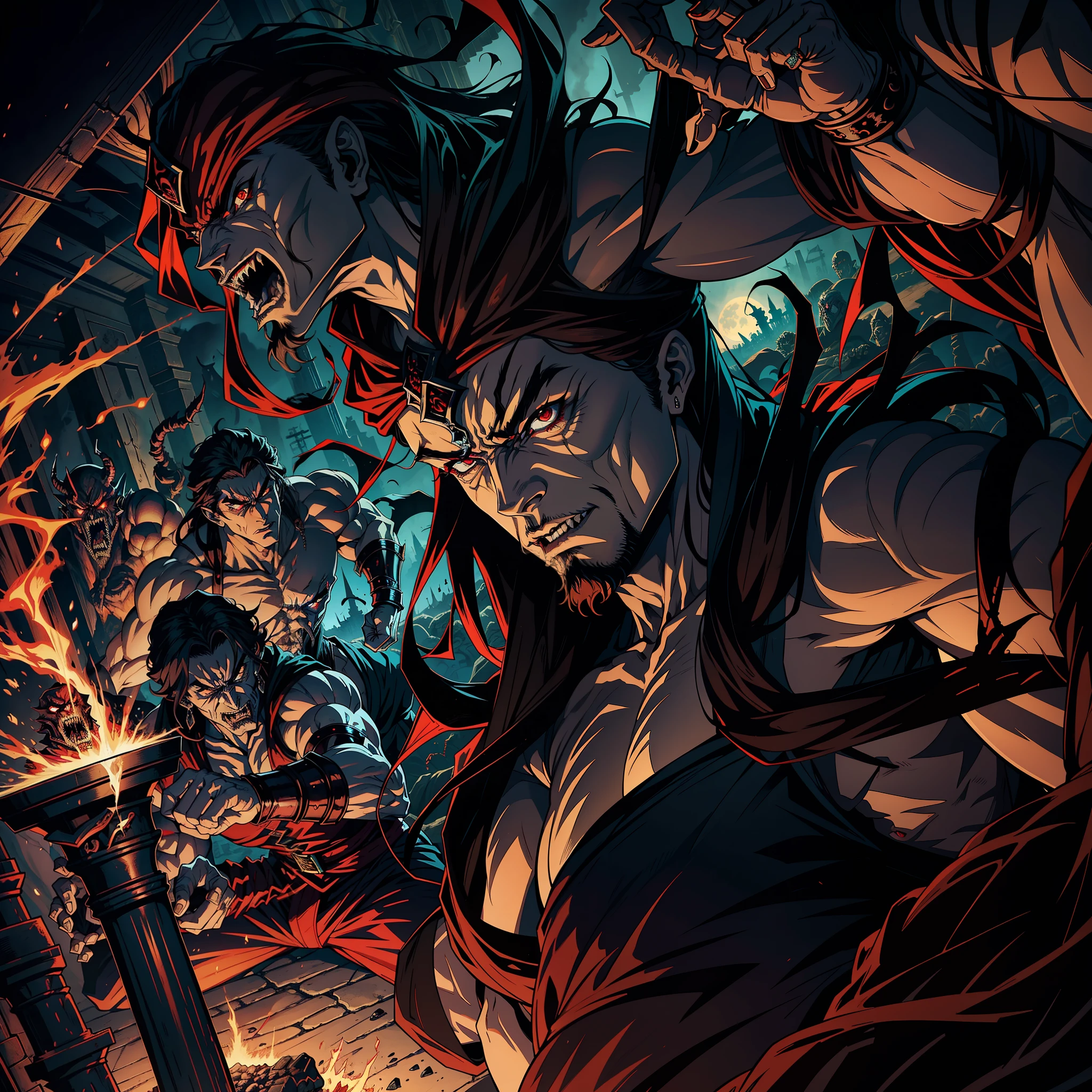 Castlevania Hyper Realistic Shadow Lord Super Detailed Dynamic Shooter The Centerpiece of Lord Dracula Medieval Arab Warrior with Red Turban Scary Face Structure of Hokuto No Ken Muscular Face Kenshiro with raoh surrounded by demons and 3 scary demons Speaking of old reels
