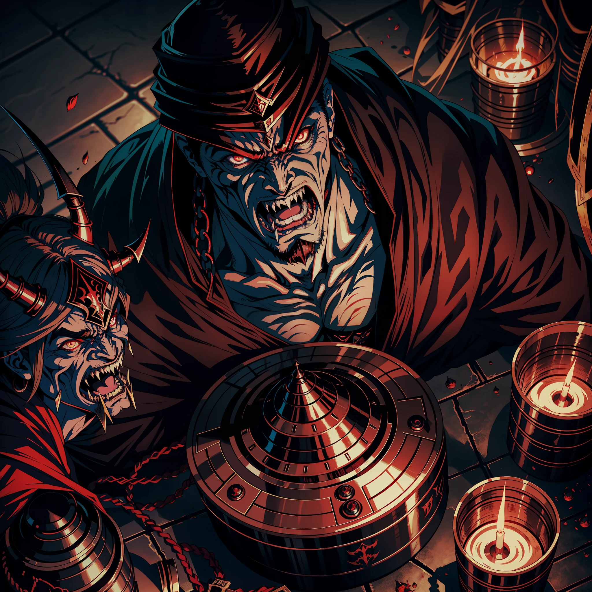 Castlevania Hyper Realistic Shadow Lord Super Detailed Dynamic Shooter The Centerpiece of Lord Dracula Medieval Arab Warrior with Red Turban Scary Face Structure of Hokuto No Ken Muscular Face Kenshiro with raoh surrounded by demons and 3 scary demons Speaking of old reels