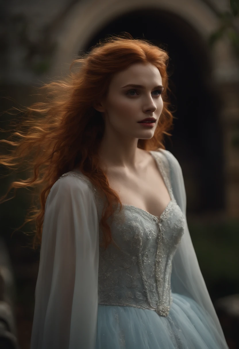 Clip from the Mario Bawa horror movie, Full medium close-up, A gorgeous 18-year-old woman like Bella Thorne, Long red hair, Soft pale skin, Cute and youthful face, defined eyebrows, Light blue eyes, Delicate nose, Plump and rounded lips, Walk in a Gothic cemetery in a white wedding dress at night, Fog and rain conditions, ghostly atmosphere, 1600s, (High skin detail: 1.2), Ultra-detailed, photo-realistic, Depth of field, Cinematic lighting, IMAX cameras, hdr, DTM, Full-HD, 8K