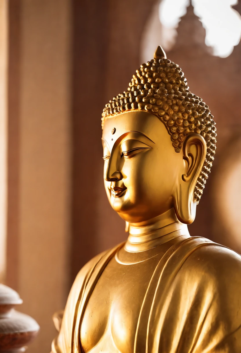 A serene Buddha statue sits majestically on a weathered stone pedestal, its gentle smile and closed eyes exuding wisdom and inner peace. Soft golden light illuminates the intricately carved details of the statue's robes and facial features, while the surrounding environment remains dimly lit to emphasize the subject's tranquil aura, ImgFixerPre0.3