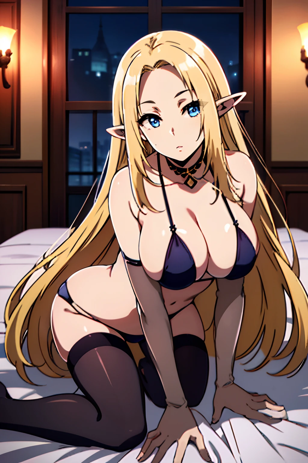 4kqulity, top-quality, , big breast,)on the beds, show breasts, 16age, sexypose, ultra-mini beautiful lingerie and stockings, Bewitchingbeauty legs, closing eye Feeling face Love Pee, show vaginal rupture,black microbikini, blonde long hair, blue eyes, elf ears, mommy Masterpiece