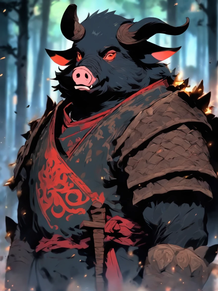 Black Pig Demon,Human pig's head,Burly,Wearing Chinese armor,Leakage of chest hair,Bring a helmet,A robe is worn over the armor,With a long axe in his hand,The expression is fierce,unholy,the night,the woods,full bodyesbian,Combat posture