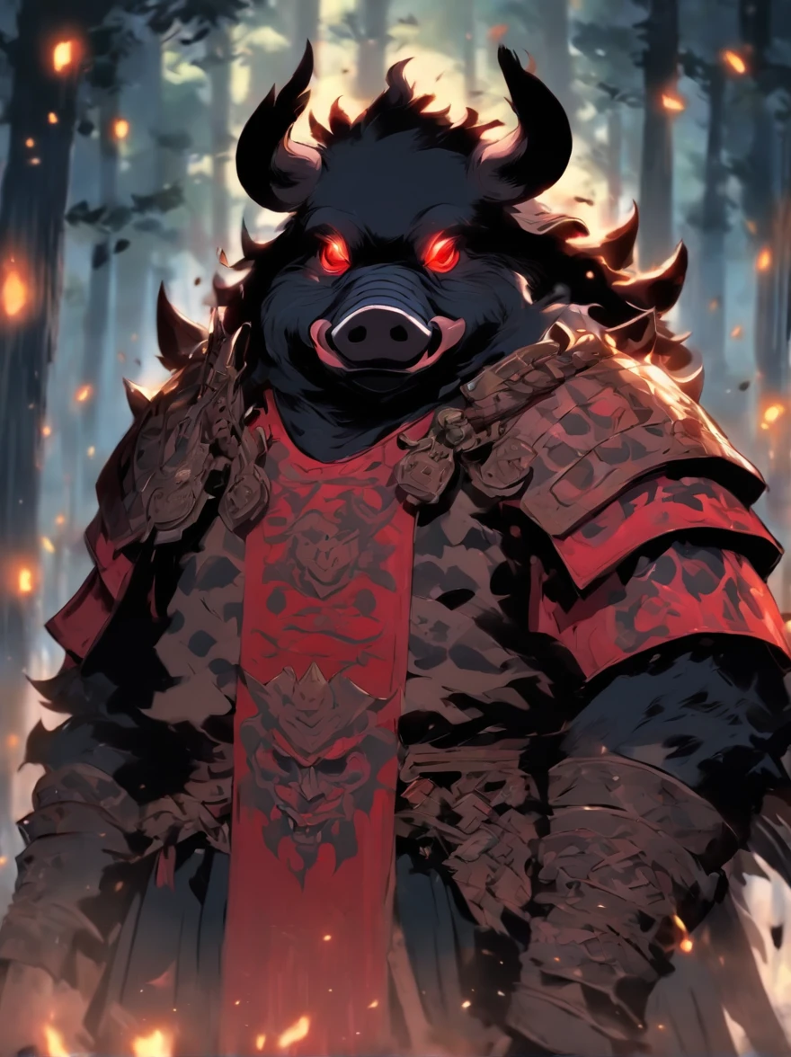 Black Pig Demon，Human pig's head，Burly，Wearing Chinese armor，Leakage of  hair，Bring a helmet，A robe is worn over the armor，With a long axe in his hand，The expression is fierce，unholy，the night，the woods，full bodyesbian，Combat posture