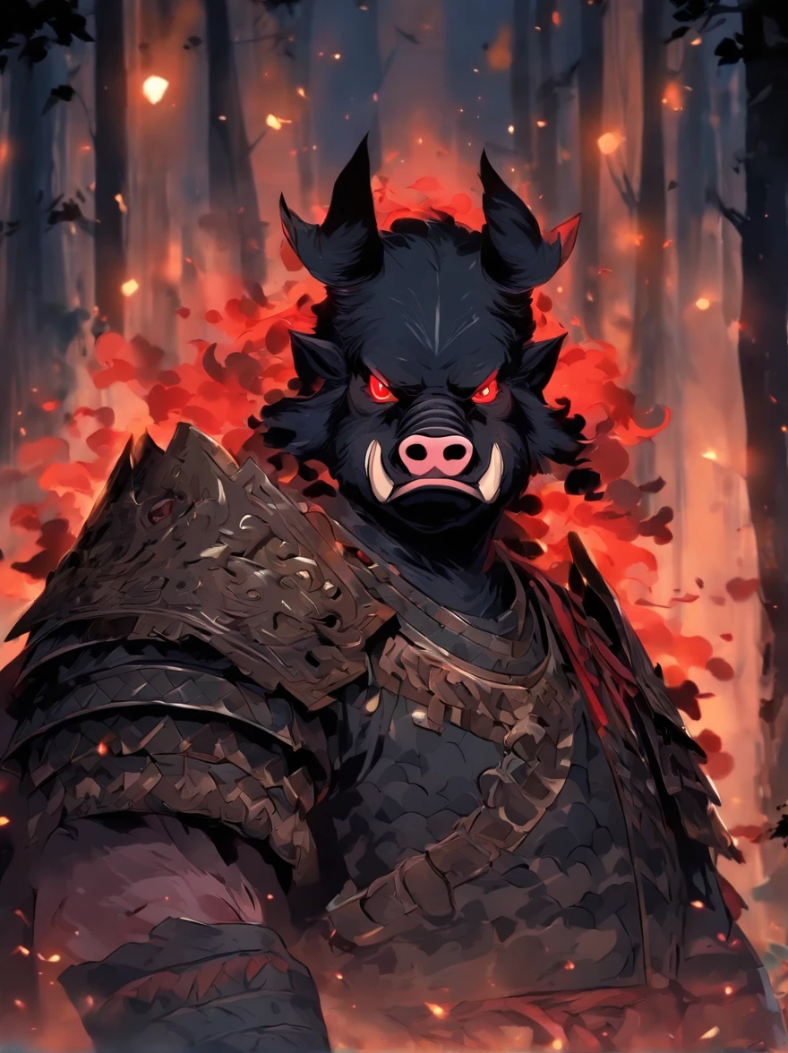 Black Pig Demon，Human pig's head，Burly，Wearing Chinese armor，Leakage of chest hair，Bring a helmet，A robe is worn over the armor，With a long axe in his hand，The expression is fierce，unholy，the night，the woods，full bodyesbian，Combat posture