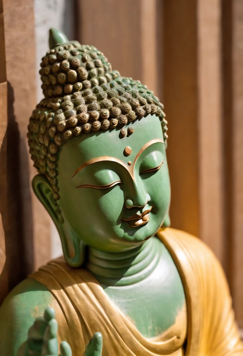 Plain cloth green clouds，Magazine illustration，Portrait drawing，((A Maitreya Buddha：1.3))，Yellow skin，HD facial smile，Golden Buddha beads around the neck，With a golden robe，Close-up，k hd，Sony SLR lens，high definition detail，Soft lighting，Master masterpieces