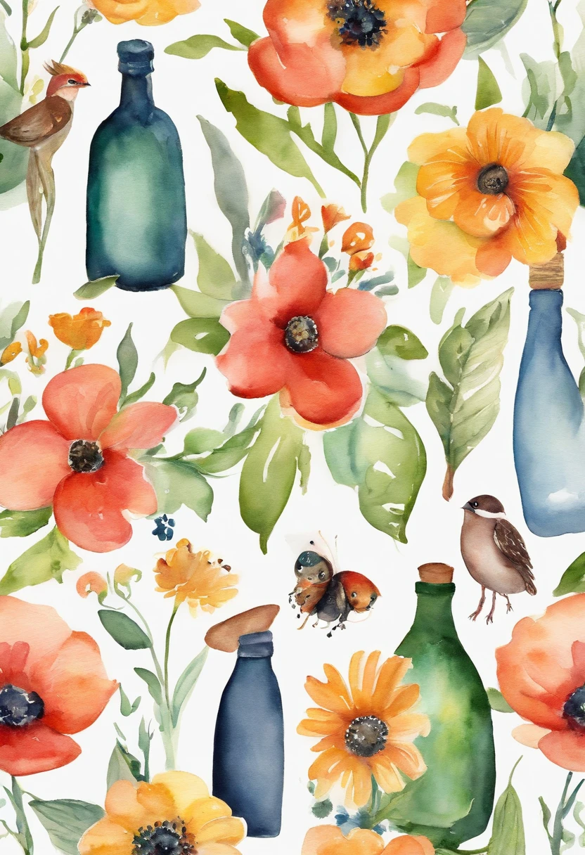 Beverage bottles，florals，Small animals