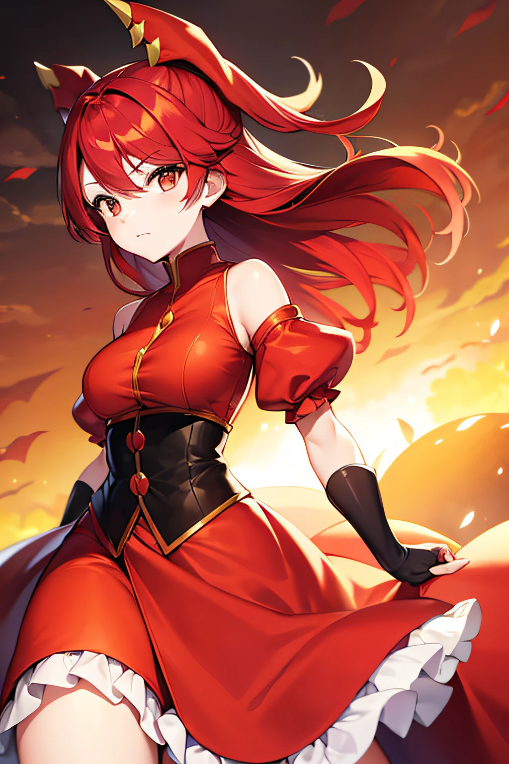 Charizard Cosplay、girl with、hight resolution、top-quality、Delicate hair、Red hair、Red clothes、Arms fold behind your back