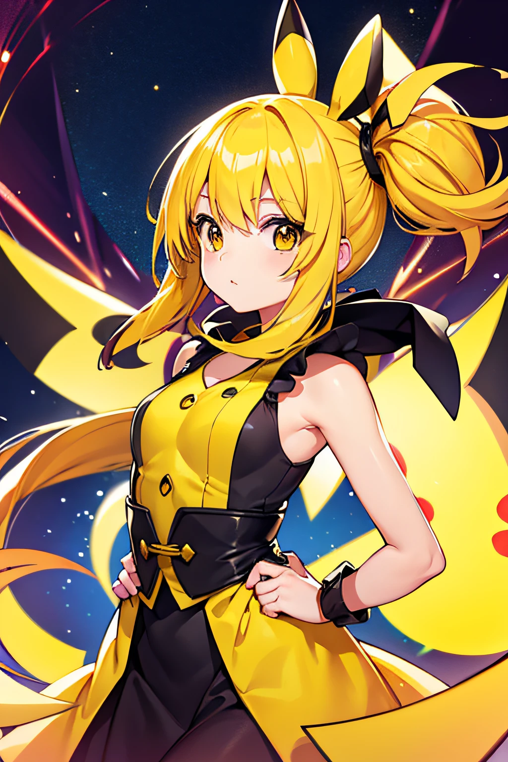Pikachu Cosplay、girl with、hight resolution、top-quality、Delicate hair、yellow hair、Yellow clothes、Arms fold behind your back