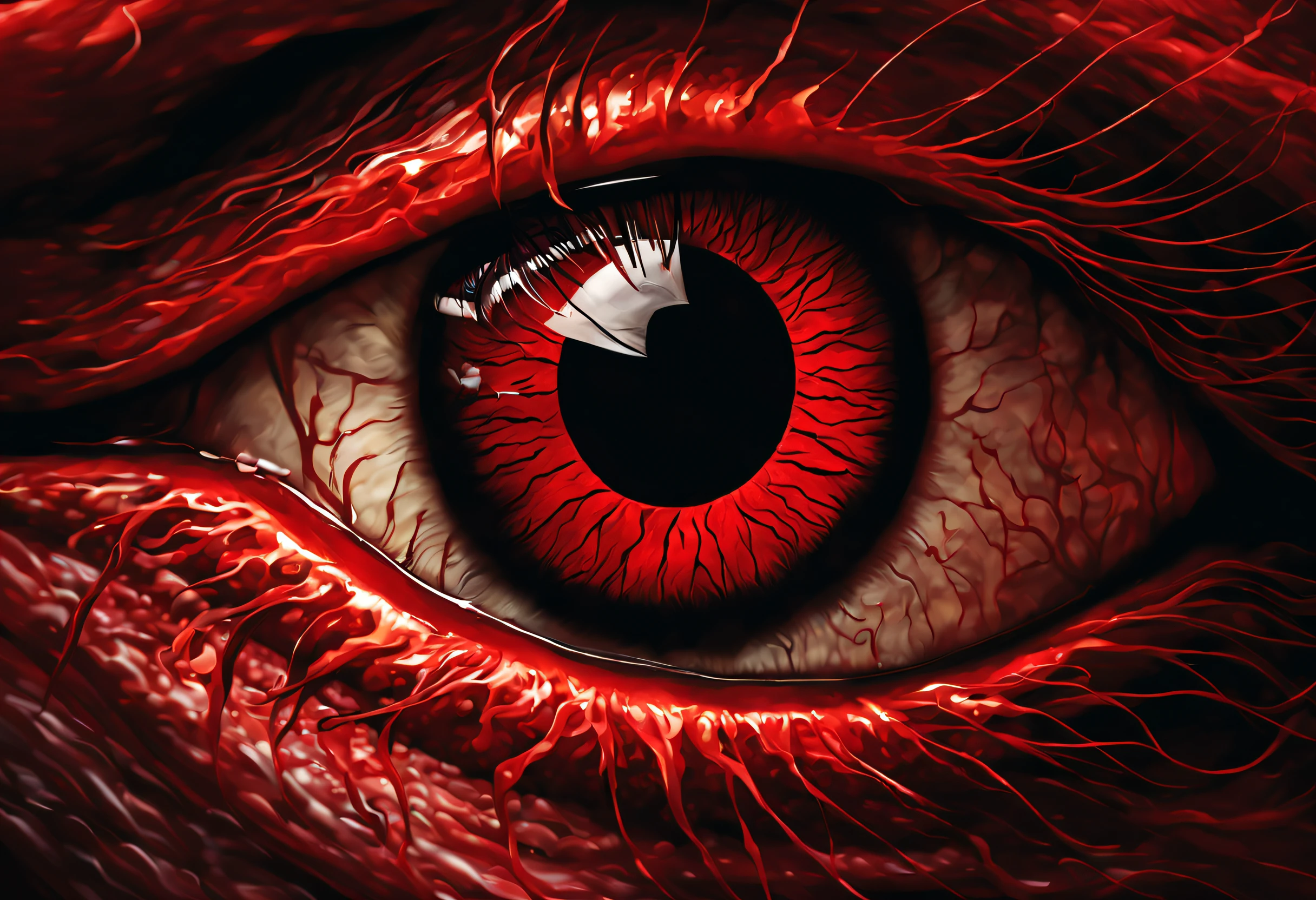 (best quality,highres,realistic:1.37),detailed devil's eye,evil gaze,sharp focus,intense colors,ominous atmosphere,devilish expression,dark and mysterious,ferocious look,sinister glare,supernatural,ethereal light,fiery red iris,creepy red veins,lava-like pupil,demonic gaze