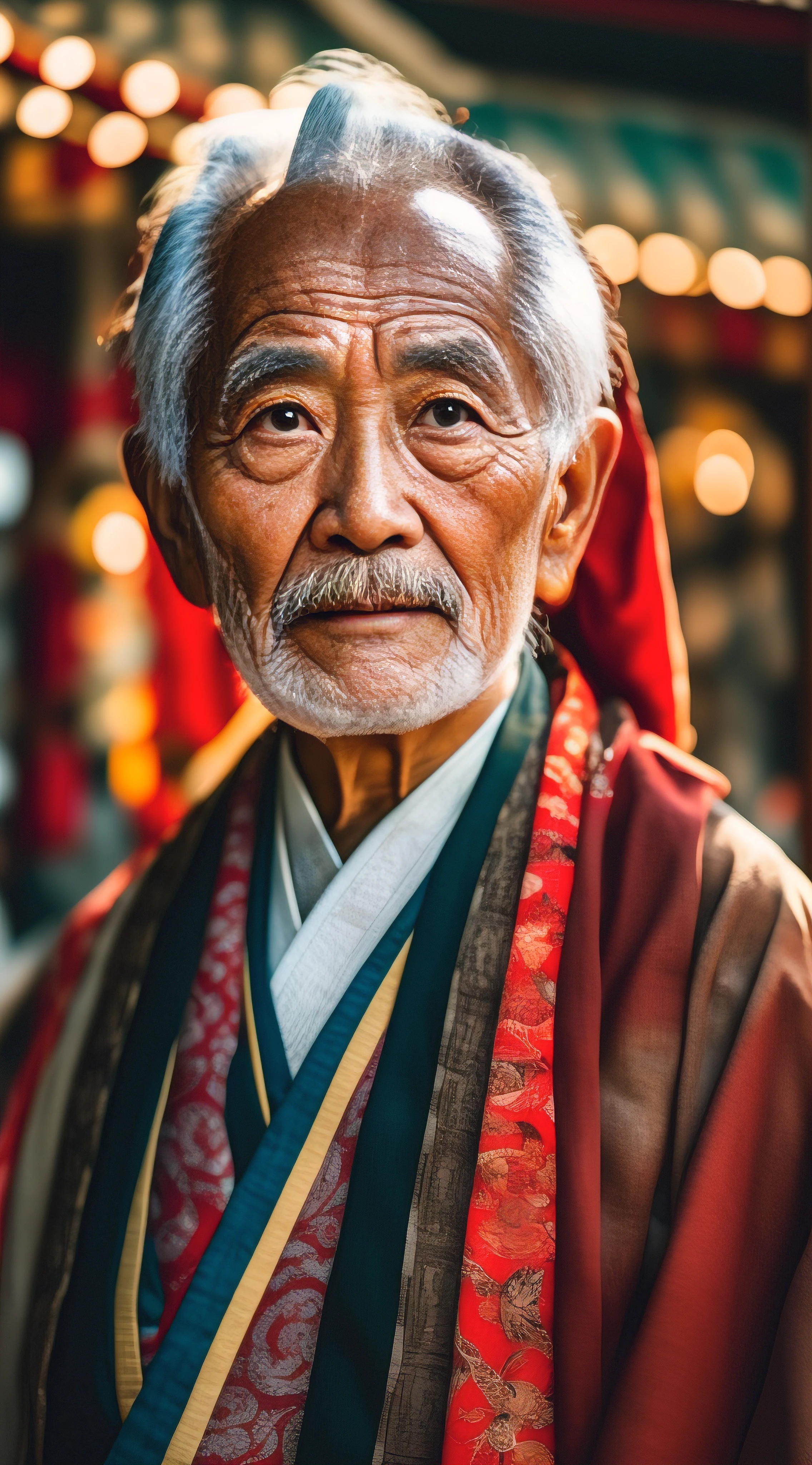 One with a white beard，Old man in red scarf, Asian people, Wise old man, An old man, color photograph portrait 4k, 50mm portrait, ancient japanese monk, Asian face, portrait photo of an old man, ancient japanese, portrait featured on unsplash, 7 0 mm portrait, 60mm portrait, Oriental face, portrait of monk, samurai portrait