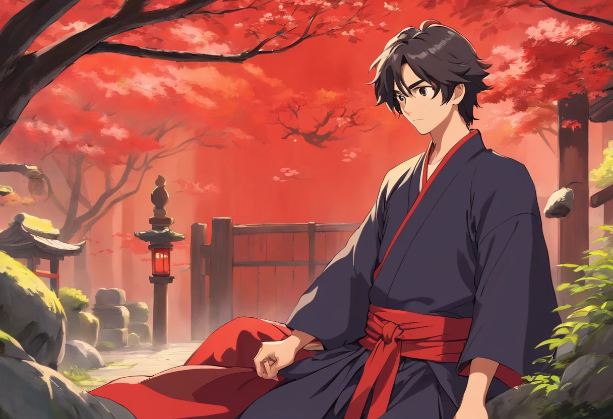 A beautiful and handsome young man,cabelos preto e longos,wearing a red Hanfu