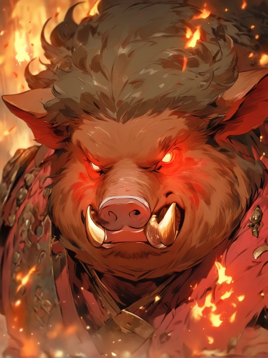 Pig demon,Human pig's head,Burly,Wearing Chinese armor,Leakage of chest hair,Bring a helmet,A robe is worn over the armor,With a long axe in his hand,The expression is fierce,unholy,the night,the woods,full bodyesbian,Combat posture