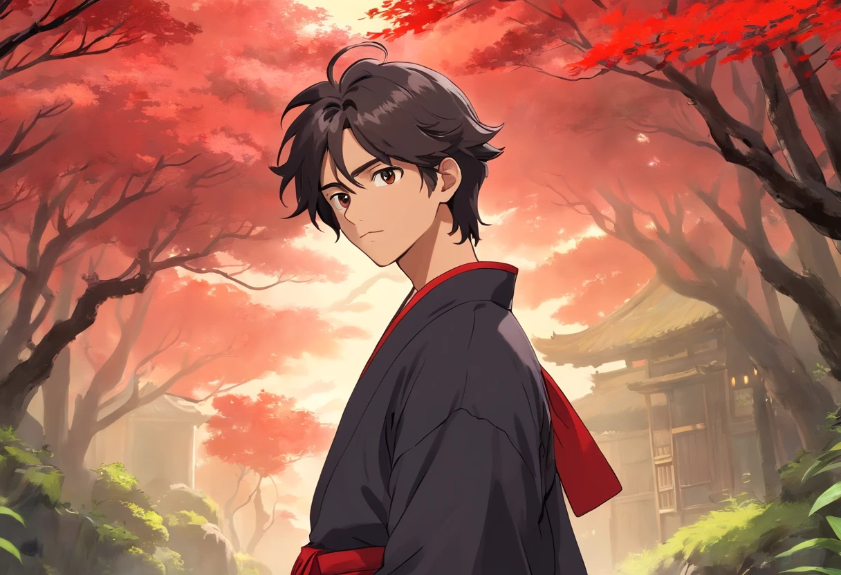 A beautiful and handsome young man,cabelos preto e longos,wearing a red Hanfu