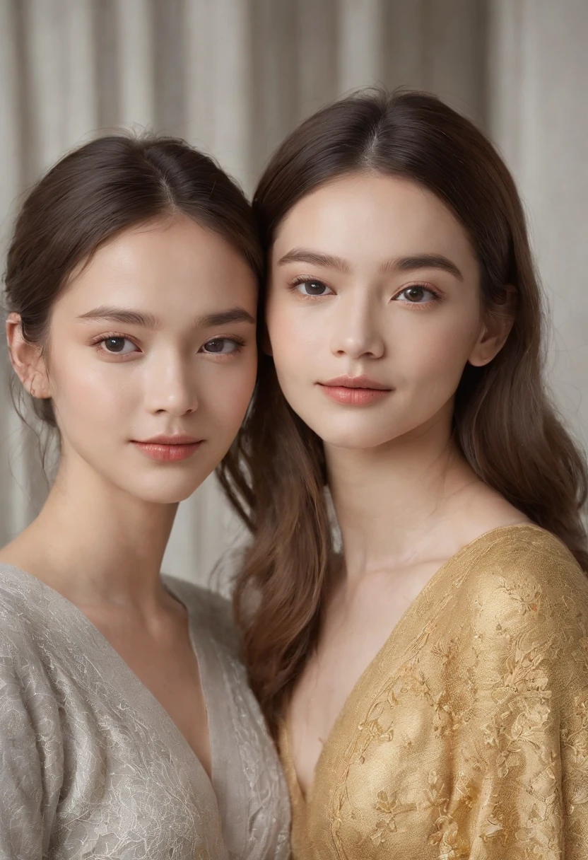 Magazine illustration,Portrait drawing,((Two beautiful young girls:1.3)),Yellow skin,Gray sweater,White trousers underneath,,HD facial smile,Golden Buddha beads around the neck,With a golden robe,Close-up,k hd,Sony SLR lens,high definition detail,Soft lighting,Master masterpieces
