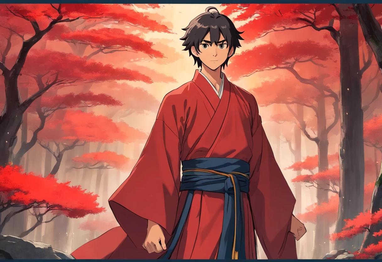 A beautiful and handsome young man,cabelos preto e longos,wearing a red Hanfu