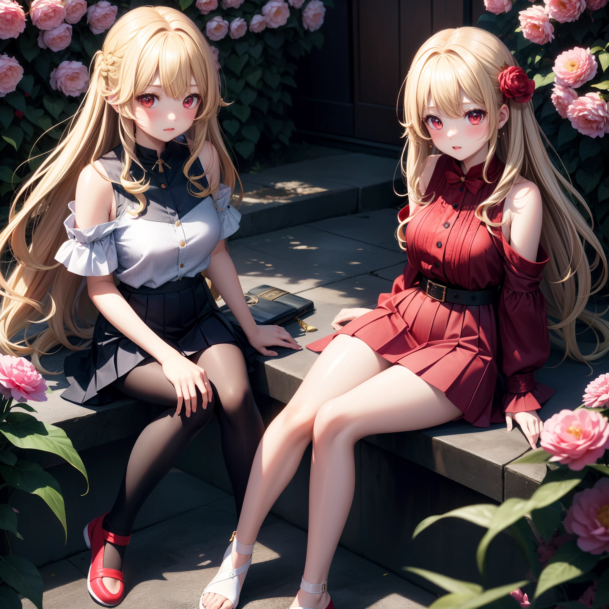 One pretty girl、独奏、Wavy blonde、red eyes、red blush、a miniskirt、off shoulders、Sitting surrounded by flowers