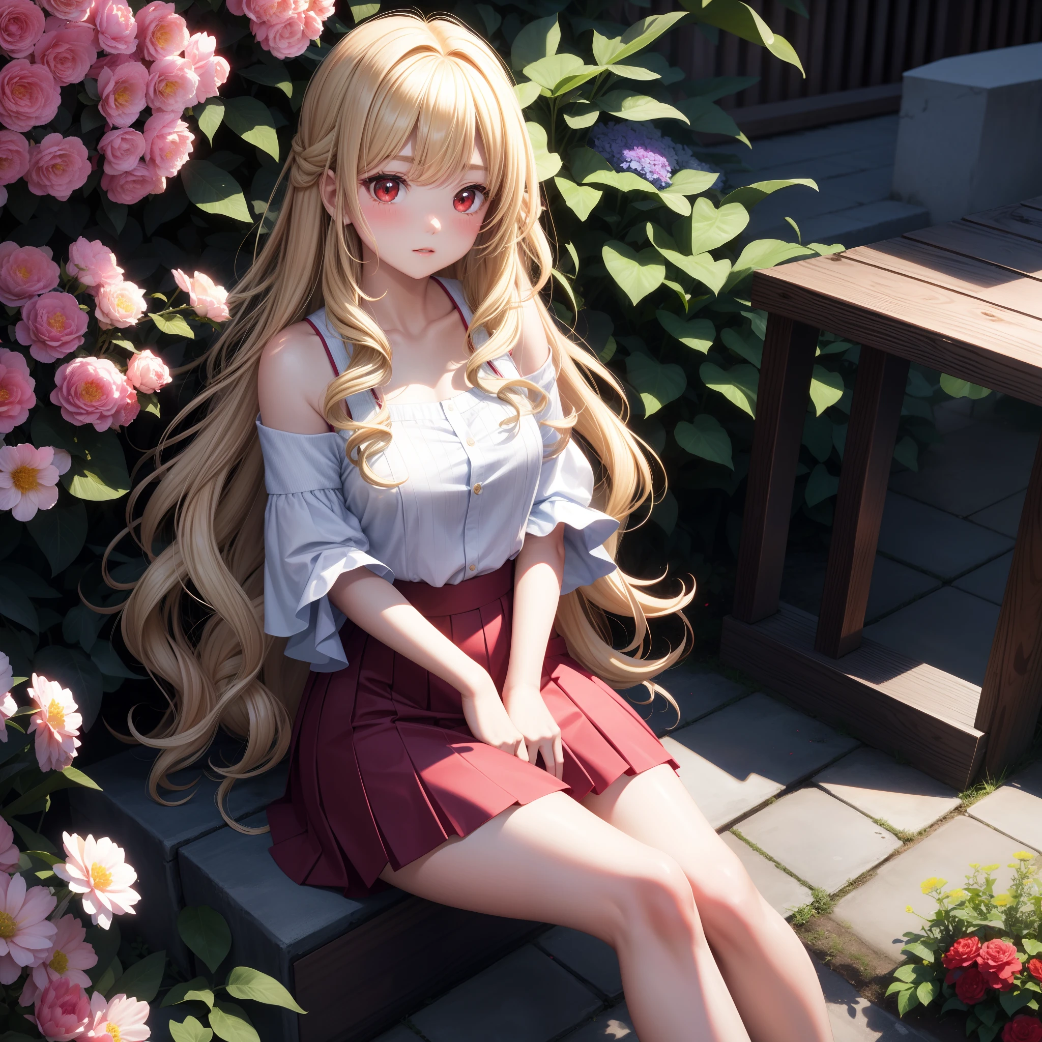 One pretty girl、独奏、Wavy blonde、red eyes、red blush、a miniskirt、off shoulders、Sitting surrounded by flowers