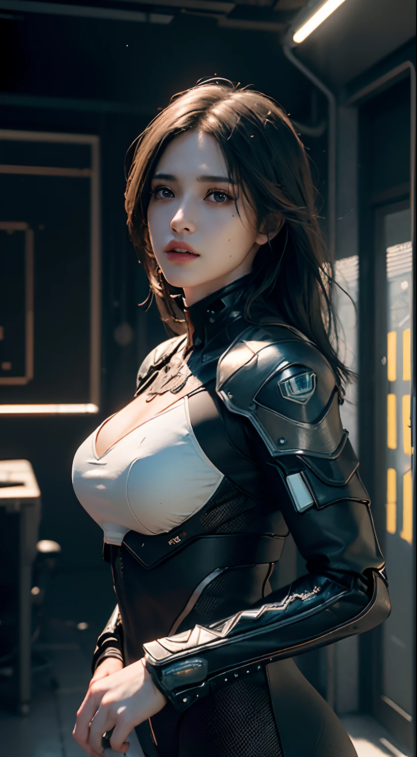 Highest quality, outstanding detail, super high resolution, (fidelity: 1.4), best illustration, favor details, close-up, a mecha girl with a delicate and beautiful face, ((red and white semi-mechanical body: 1.8)), (big breast: 1.2), sexy, belly button, cleavage, riding on a motorcycle, cyberpunk, futuristic, mechanical aesthetics, complex machinery, background is a high-tech lighting scene of the futuristic city, virtual engine 5, perfect detail rendering, octane rendering, ultra HD