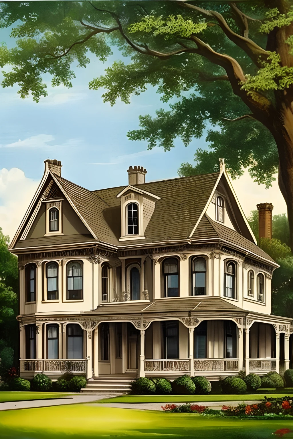Vintage painting of a victorian house