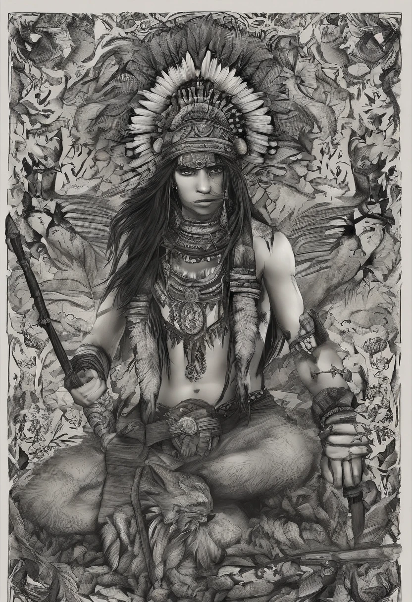 16-year-old girl from an Indian tribe，Wears a crown of feathers，holding a bow and arrow in his hands，Stand in the primeval jungle，Proud and cold，greys，low-saturation，chest circumference，Film lens light and shadow，Zbrush style，3D，C4D，Fine rendering，Many details