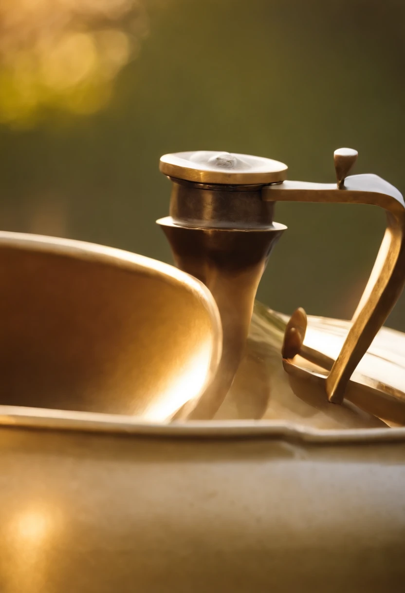 A golden kettle,Long handles,Round belly,Long spout。Magazine illustration,,Close-up,k hd,Sony SLR lens,high definition detail,Soft lighting,Master masterpieces
