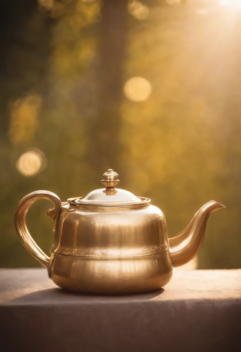 A golden kettle,Long handles,Round belly,Long spout。Magazine illustration,,Close-up,k hd,Sony SLR lens,high definition detail,Soft lighting,Master masterpieces