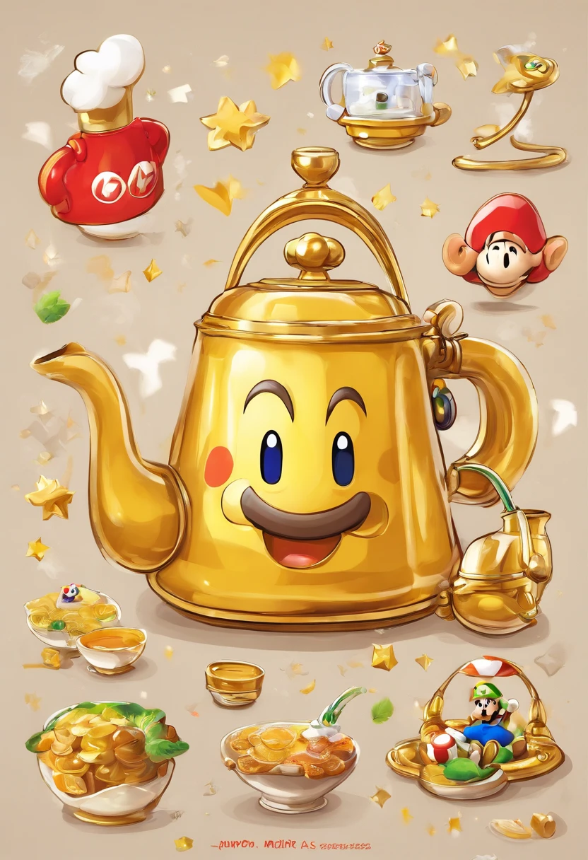 A golden kettle,Long handles,Round belly,Long spout。Magazine illustration,,Close-up,k hd,Sony SLR lens,high definition detail,Soft lighting,Master masterpieces