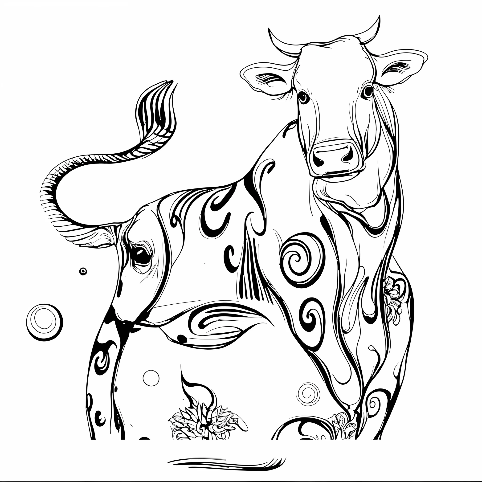 Black and white drawing of a bull with a swirl pattern, taurus zodiac sign symbol, cow, taur, hd illustration, Taurus, Expressive lines, spontaneous linework, ink outline, black and white vector art, line art illustration, Black and white ink style, inked digital, sketch black and white colors, bold lineart, stylized linework