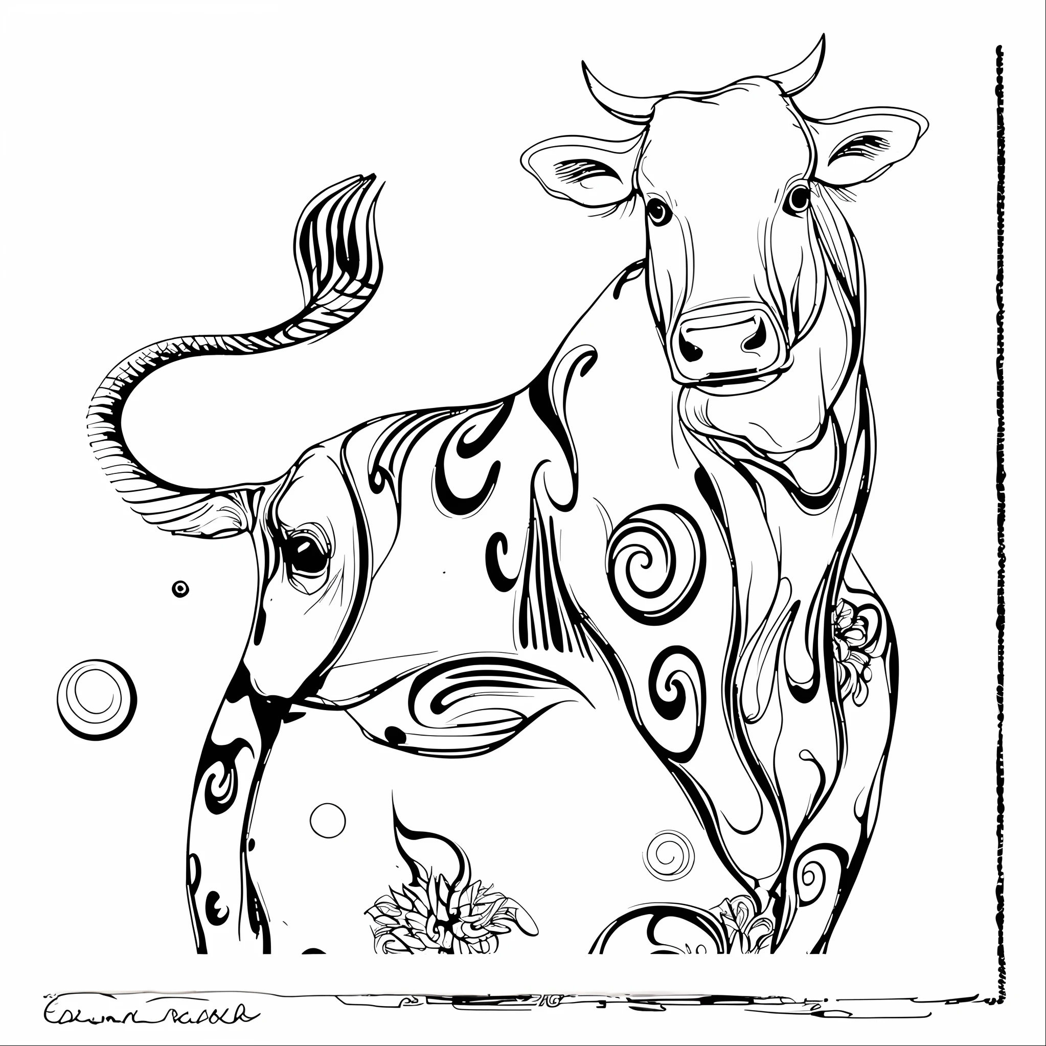 Black and white drawing of a bull with a swirl pattern, taurus zodiac sign symbol, cow, taur, hd illustration, Taurus, Expressive lines, spontaneous linework, ink outline, black and white vector art, line art illustration, Black and white ink style, inked digital, sketch black and white colors, bold lineart, stylized linework