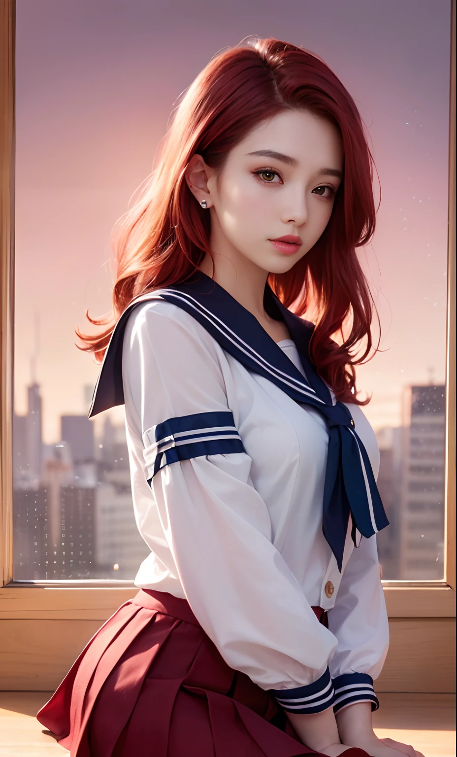 (8k, RAW photo, photorealistic: 1.25), (lip gloss, eyelashes, bright face, glowing skin, red hair, best quality, ultra high resolution, depth of field, chromatic aberration, caustic, wide lighting, natural shading, Kpop idol) looking at the viewer with a serene and divine bliss, college room, sailor's uniform, miniskirt