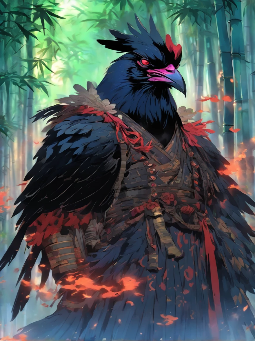 Raven Tengu,Rooster head，traditional japanese concept art，Chinese mythology，，Chinese armor，Black wings，nigh sky，Holding a spear in the bamboo forest，