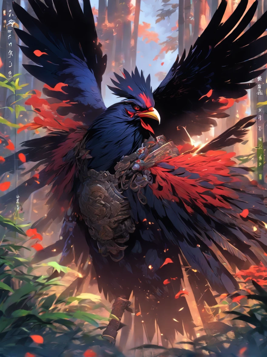 Raven Tengu,Rooster head，traditional japanese concept art，Chinese mythology，，Chinese armor，Black wings，nigh sky，Holding a spear in the bamboo forest，