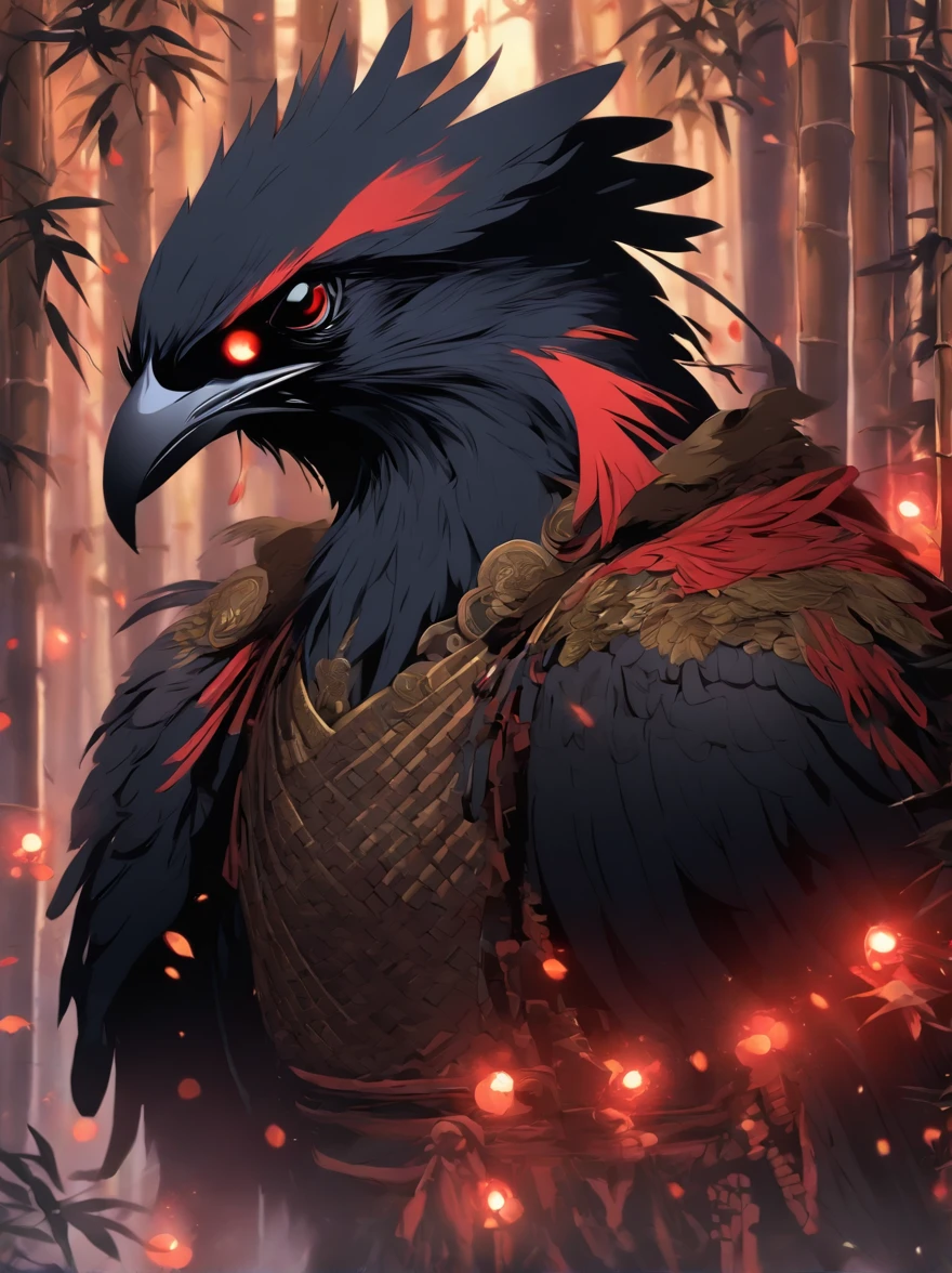 Raven Tengu,Rooster head,traditional japanese concept art,Chinese mythology,,Chinese armor,Black wings,nigh sky,Holding a spear in the bamboo forest,