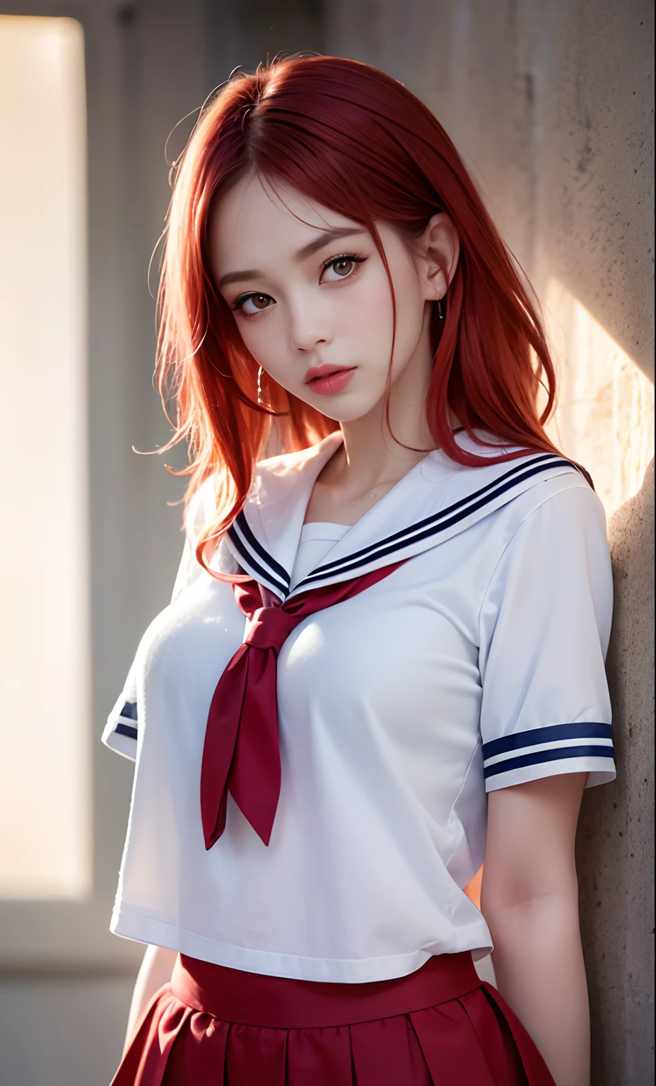 (8k, RAW photo, photorealistic: 1.25), (lip gloss, eyelashes, bright face, glowing skin, red hair, best quality, ultra high resolution, depth of field, chromatic aberration, caustic, wide lighting, natural shading, Kpop idol) looking at the viewer with a serene and divine bliss, college room, sailor's uniform, miniskirt