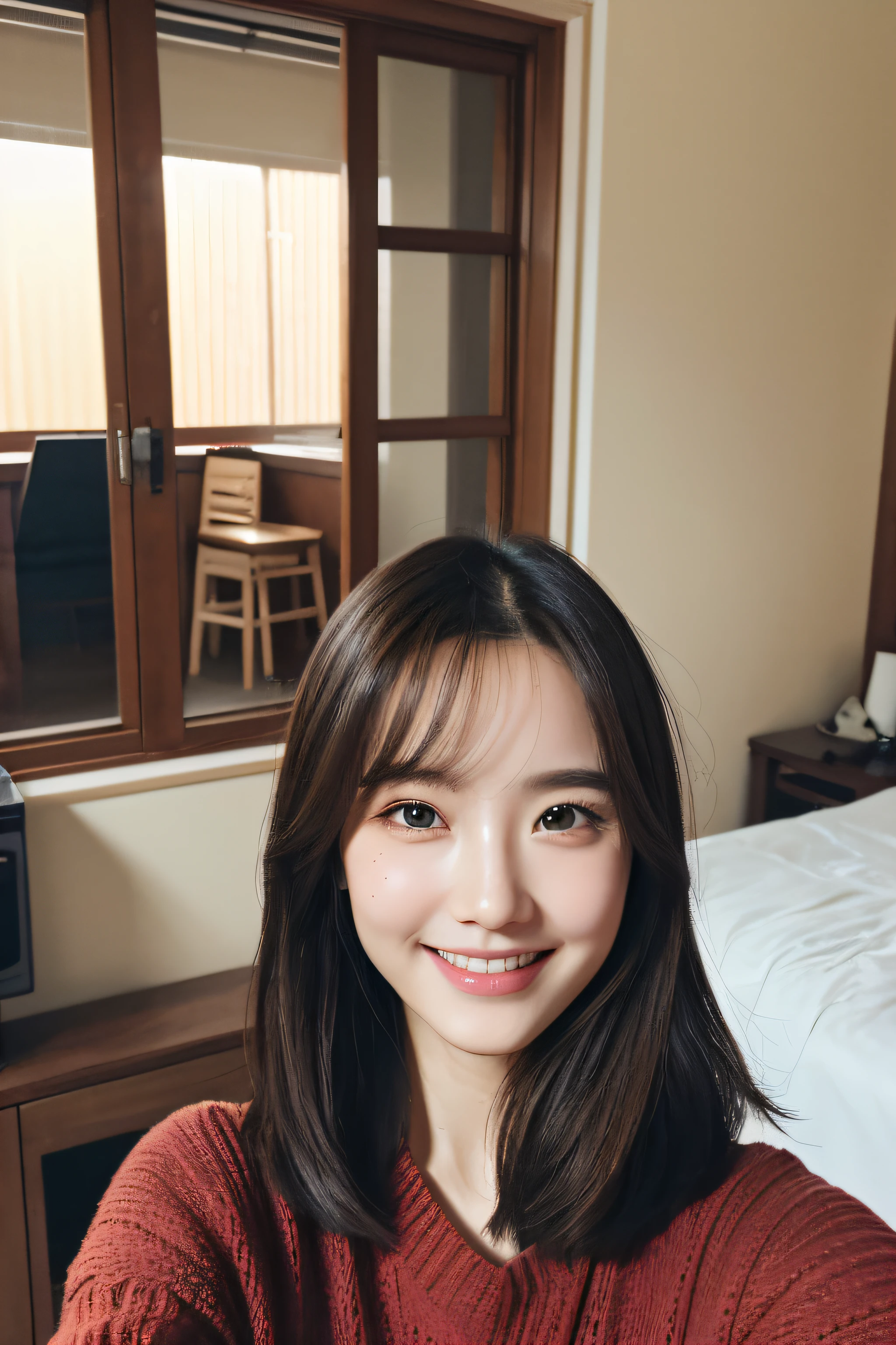 in 8K、Raw photography、top-quality、masuter piece:1.2)、ultra-detailliert、ultra res、(realisitic、rialistic photo:1.37)、portlate、high-definition RAW color photography、Professional Photography、highly detailed and beautiful、ighly detailed、、amazing detailed、up of face、Facing the front、short-cut、Smile a little、Face the front with your body,Selfie-style composition、inside in room、selfie photo、Autumn clothes、Composition of ID photos、Front-facing selfie、More realistic、Facing straight ahead