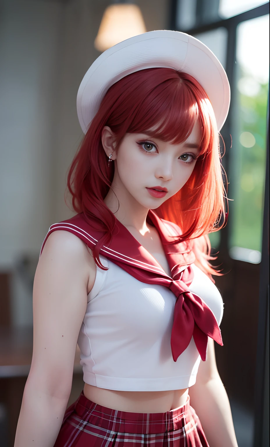 (8k, RAW photo, photorealistic: 1.25), (lip gloss, eyelashes, bright face, glowing skin, red hair, best quality, ultra high resolution, depth of field, chromatic aberration, caustic, wide lighting, natural shading, Kpop idol) looking at the viewer with a serene and divine bliss, college room, sailor's uniform, miniskirt